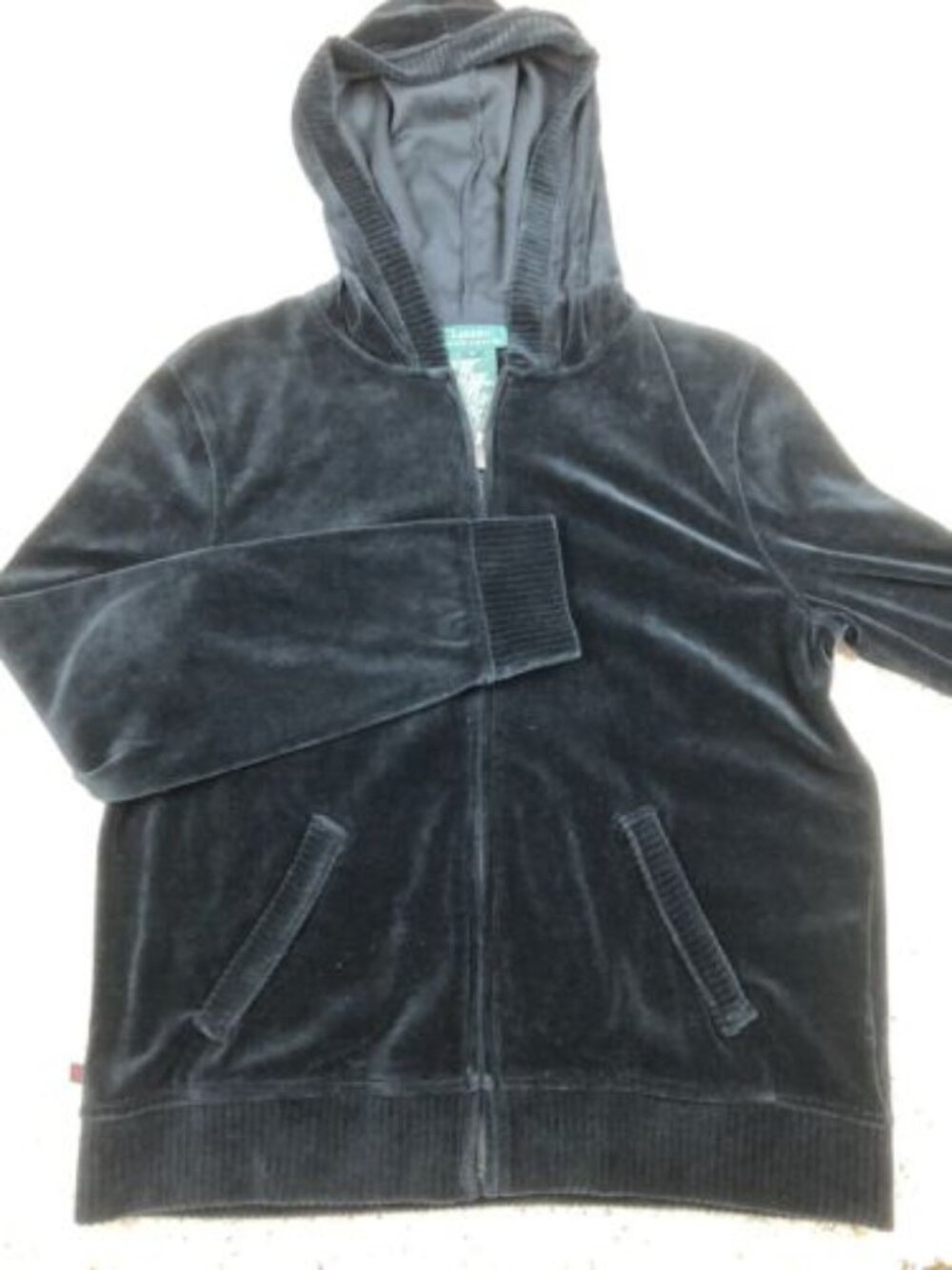 Lauren Ralph Lauren Womens Medium Black Full Zip Up Velour Knit Hooded Jacket